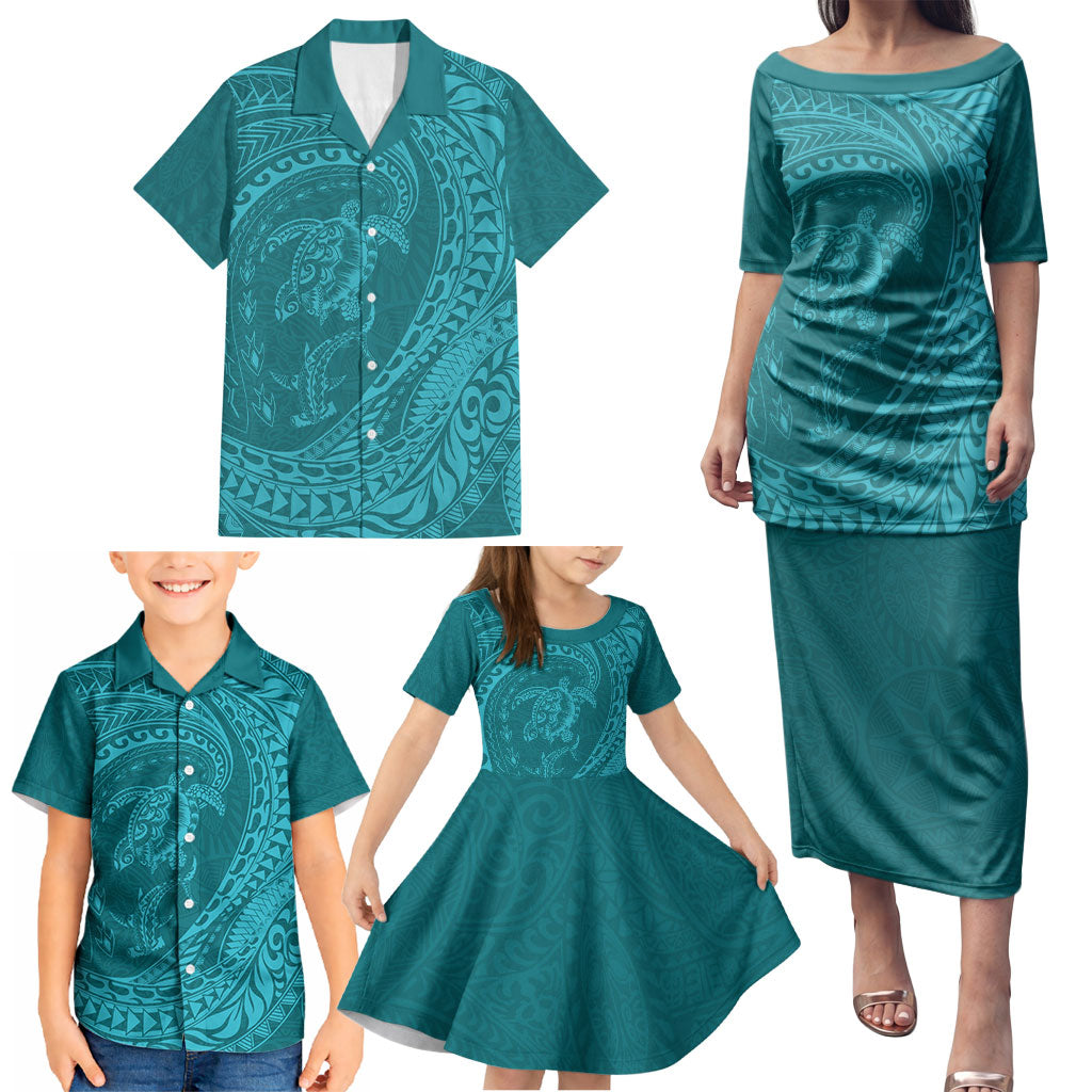 Hawaiian Turtle and Shark Family Matching Puletasi and Hawaiian Shirt Kakau Tribal with Polynesian Pattern Turquoise Color LT03 - Polynesian Pride