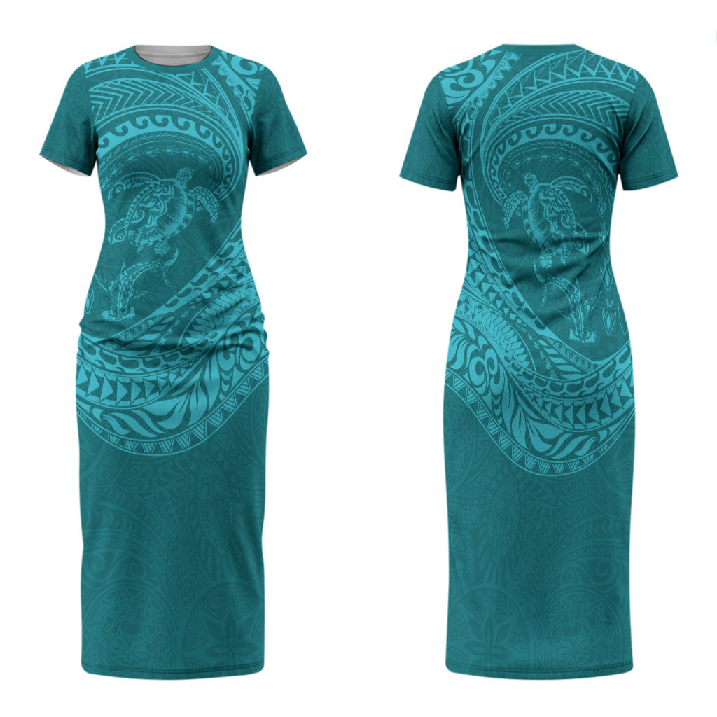 Hawaiian Turtle and Shark Family Matching Short Sleeve Bodycon Dress and Hawaiian Shirt Kakau Tribal with Polynesian Pattern Turquoise Color LT03 Mom's Dress Turquoise - Polynesian Pride