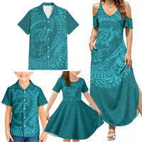 Hawaiian Turtle and Shark Family Matching Summer Maxi Dress and Hawaiian Shirt Kakau Tribal with Polynesian Pattern Turquoise Color LT03 - Polynesian Pride