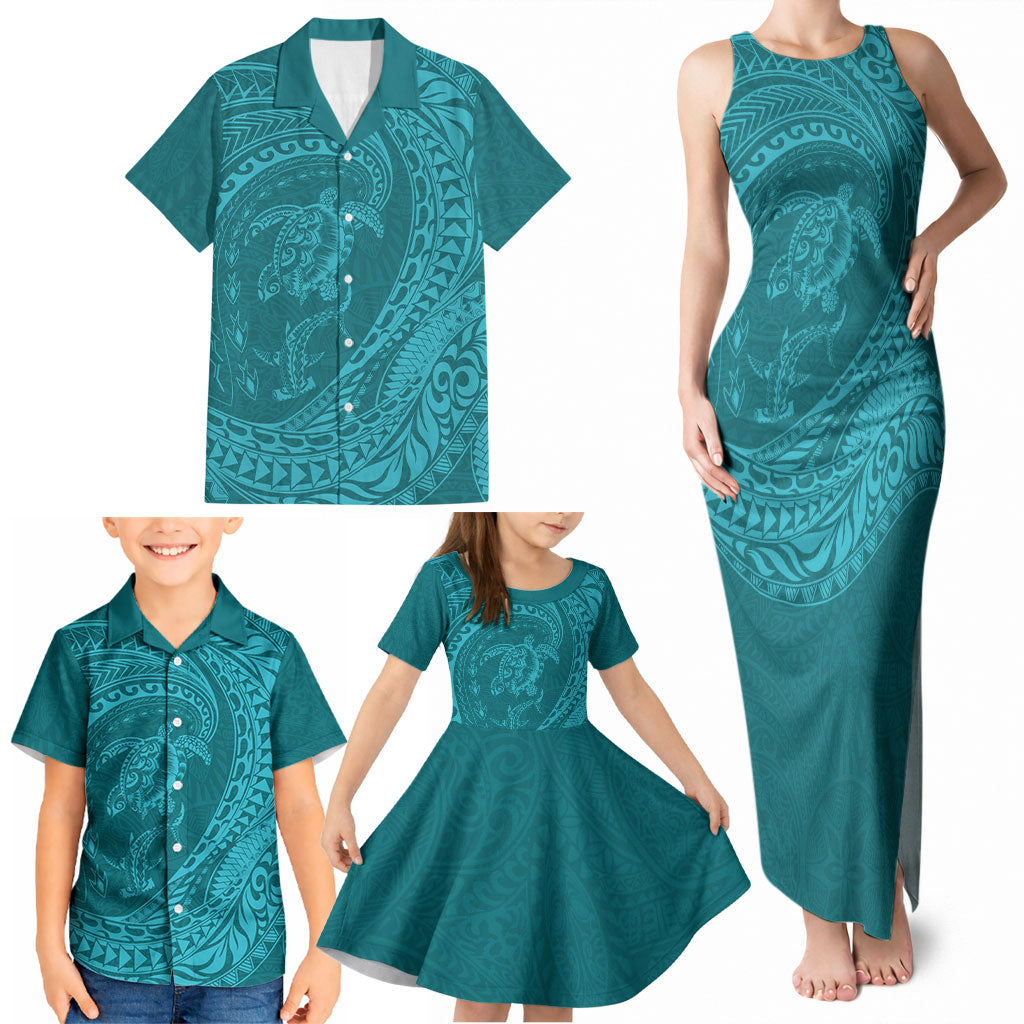 Hawaiian Turtle and Shark Family Matching Tank Maxi Dress and Hawaiian Shirt Kakau Tribal with Polynesian Pattern Turquoise Color LT03 - Polynesian Pride
