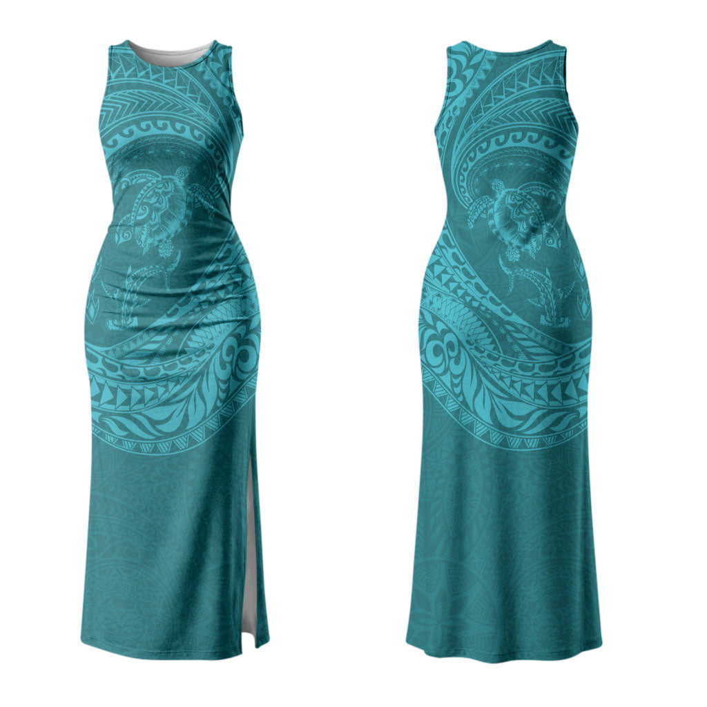 Hawaiian Turtle and Shark Family Matching Tank Maxi Dress and Hawaiian Shirt Kakau Tribal with Polynesian Pattern Turquoise Color LT03 Mom's Dress Turquoise - Polynesian Pride