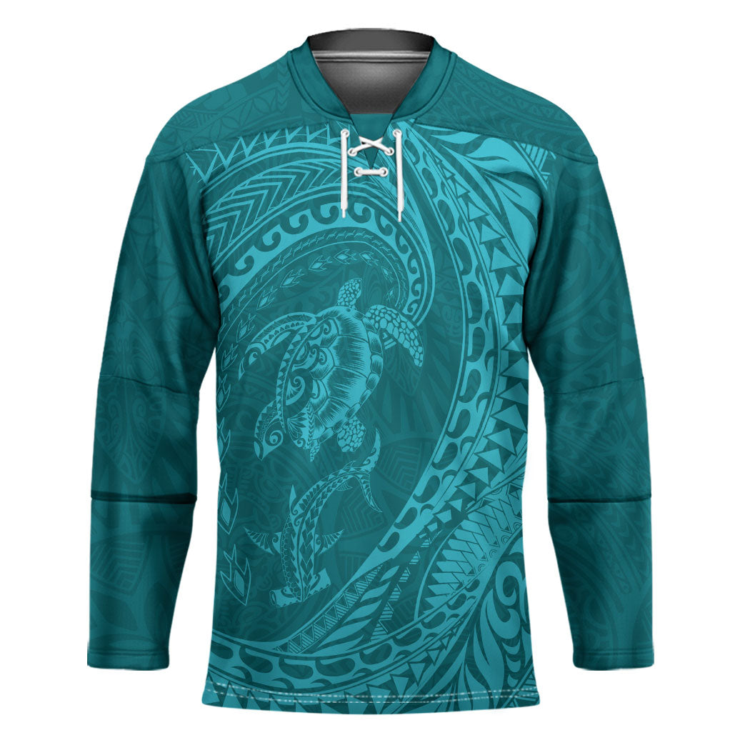 Hawaiian Turtle and Shark Hockey Jersey Kakau Tribal with Polynesian Pattern Turquoise Color LT03 Unisex Turquoise - Polynesian Pride