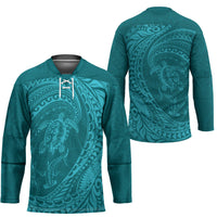 Hawaiian Turtle and Shark Hockey Jersey Kakau Tribal with Polynesian Pattern Turquoise Color LT03 - Polynesian Pride