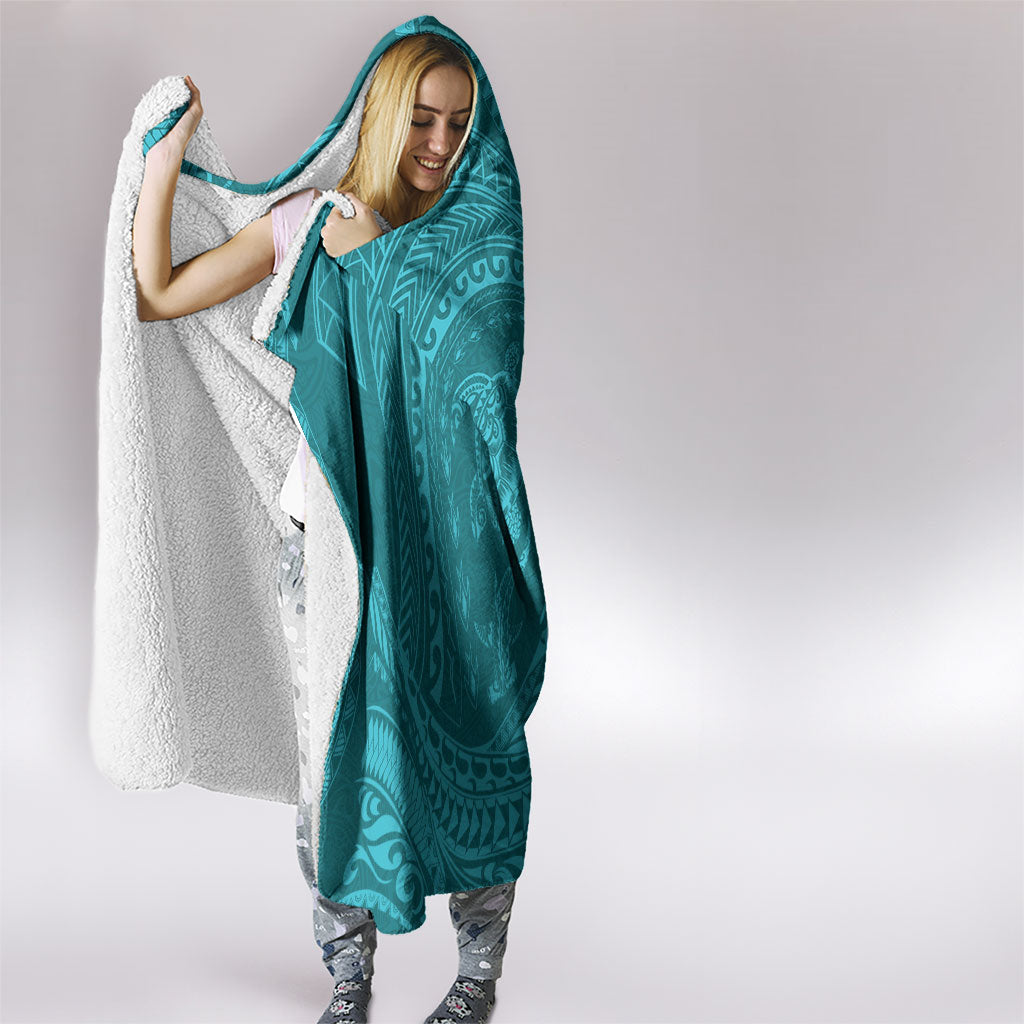 Hawaiian Turtle and Shark Hooded Blanket Kakau Tribal with Polynesian Pattern Turquoise Color LT03 - Polynesian Pride