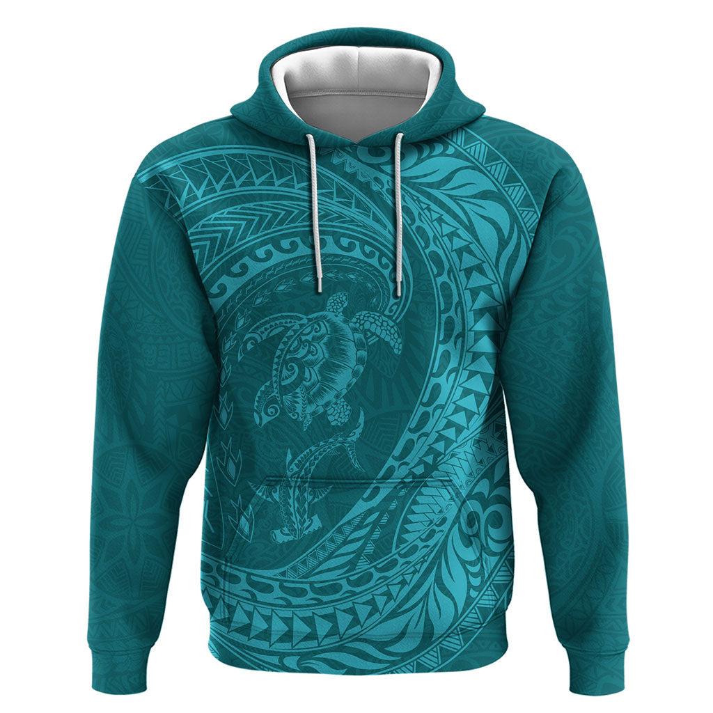 Hawaiian Turtle and Shark Hoodie Kakau Tribal with Polynesian Pattern Turquoise Color LT03 Pullover Hoodie Turquoise - Polynesian Pride