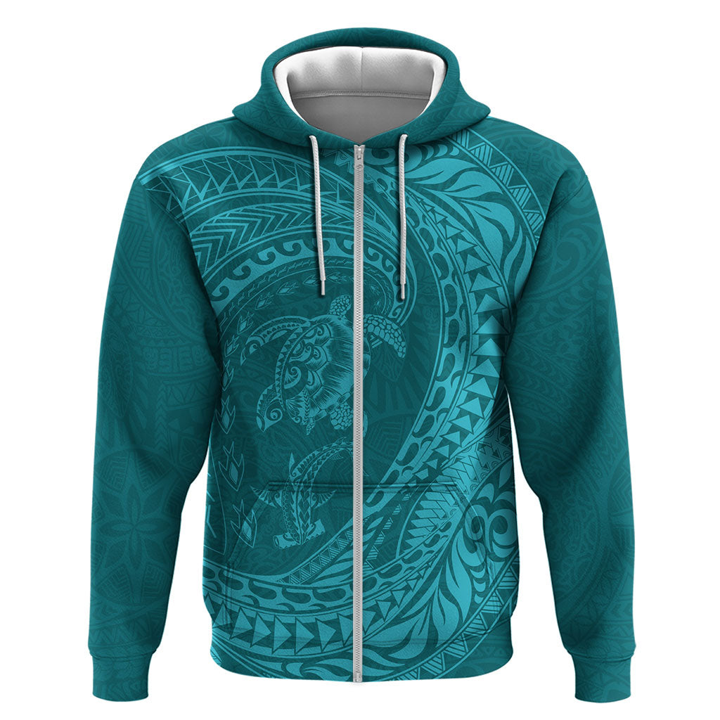 Hawaiian Turtle and Shark Hoodie Kakau Tribal with Polynesian Pattern Turquoise Color LT03 Zip Hoodie Turquoise - Polynesian Pride