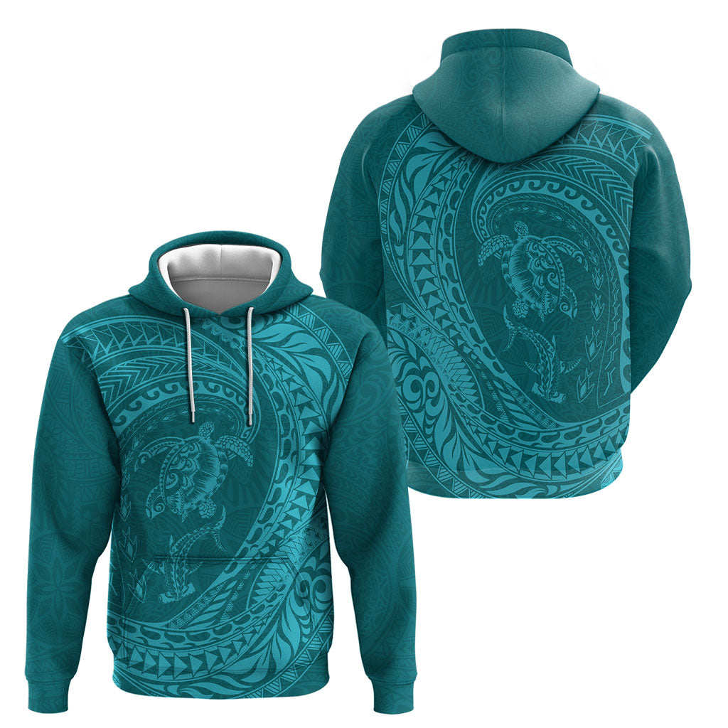 Hawaiian Turtle and Shark Hoodie Kakau Tribal with Polynesian Pattern Turquoise Color LT03 - Polynesian Pride