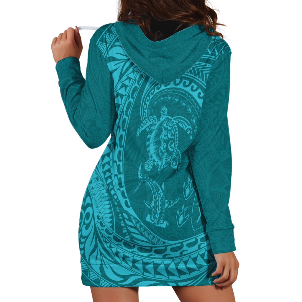 Hawaiian Turtle and Shark Hoodie Dress Kakau Tribal with Polynesian Pattern Turquoise Color LT03 - Polynesian Pride
