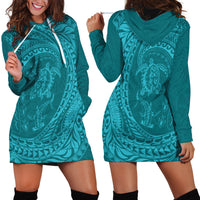 Hawaiian Turtle and Shark Hoodie Dress Kakau Tribal with Polynesian Pattern Turquoise Color LT03 - Polynesian Pride