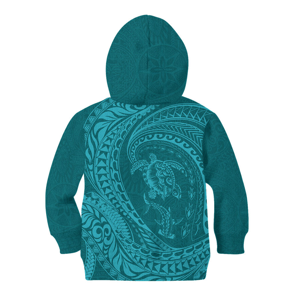 Hawaiian Turtle and Shark Kid Hoodie Kakau Tribal with Polynesian Pattern Turquoise Color LT03 - Polynesian Pride
