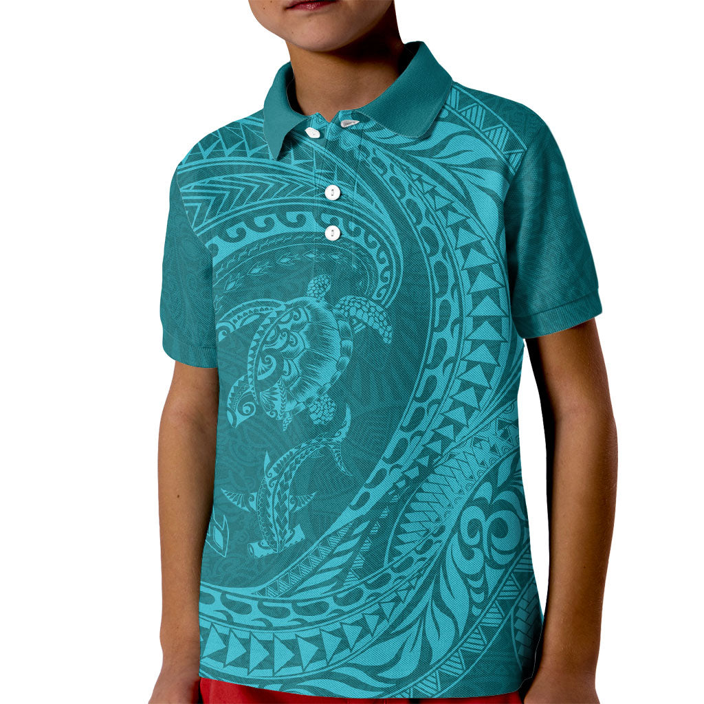 Hawaiian Turtle and Shark Kid Polo Shirt Kakau Tribal with Polynesian Pattern Turquoise Color LT03 Kid Turquoise - Polynesian Pride