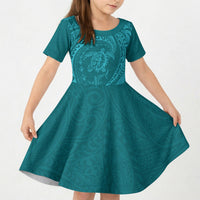 Hawaiian Turtle and Shark Kid Short Sleeve Dress Kakau Tribal with Polynesian Pattern Turquoise Color LT03 KID Turquoise - Polynesian Pride