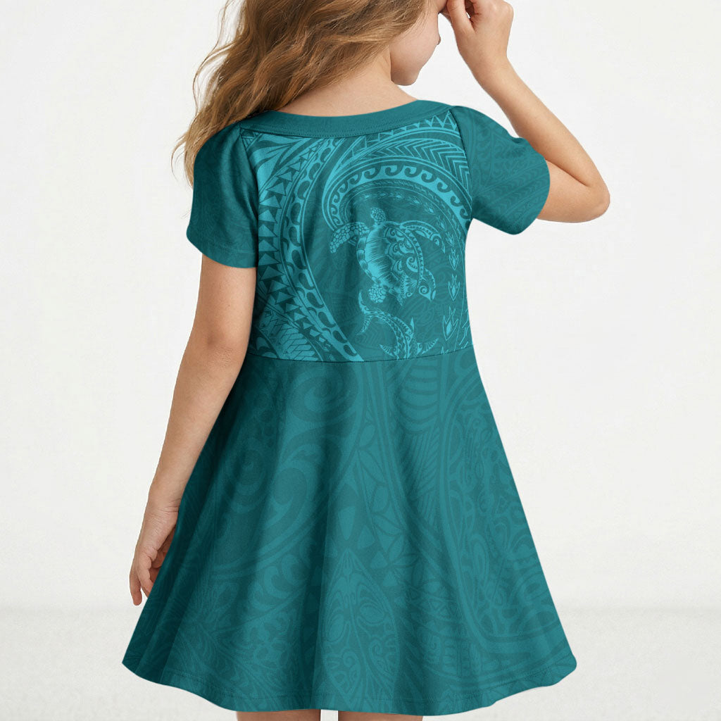 Hawaiian Turtle and Shark Kid Short Sleeve Dress Kakau Tribal with Polynesian Pattern Turquoise Color LT03 - Polynesian Pride