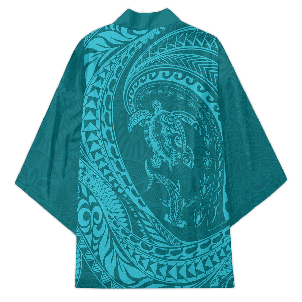 Hawaiian Turtle and Shark Kimono Kakau Tribal with Polynesian Pattern Turquoise Color LT03 - Polynesian Pride