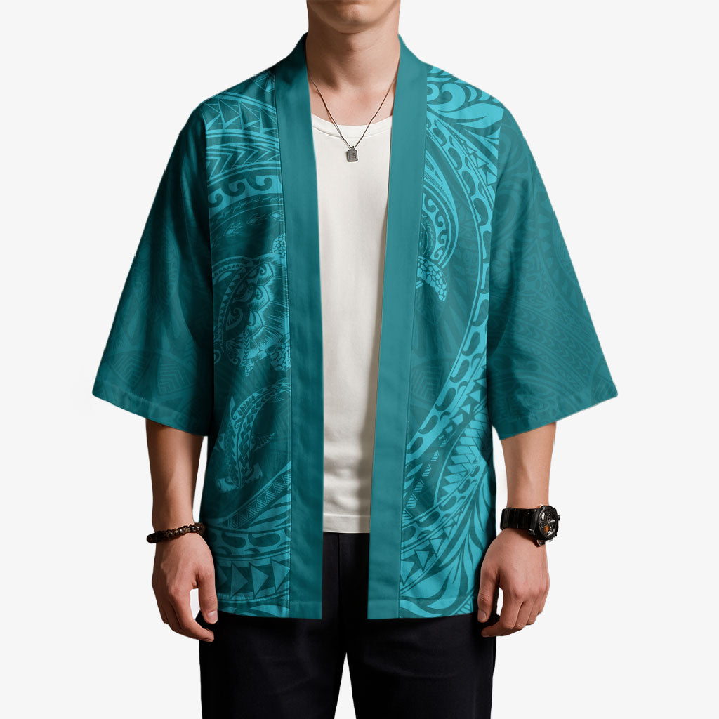 Hawaiian Turtle and Shark Kimono Kakau Tribal with Polynesian Pattern Turquoise Color LT03 - Polynesian Pride