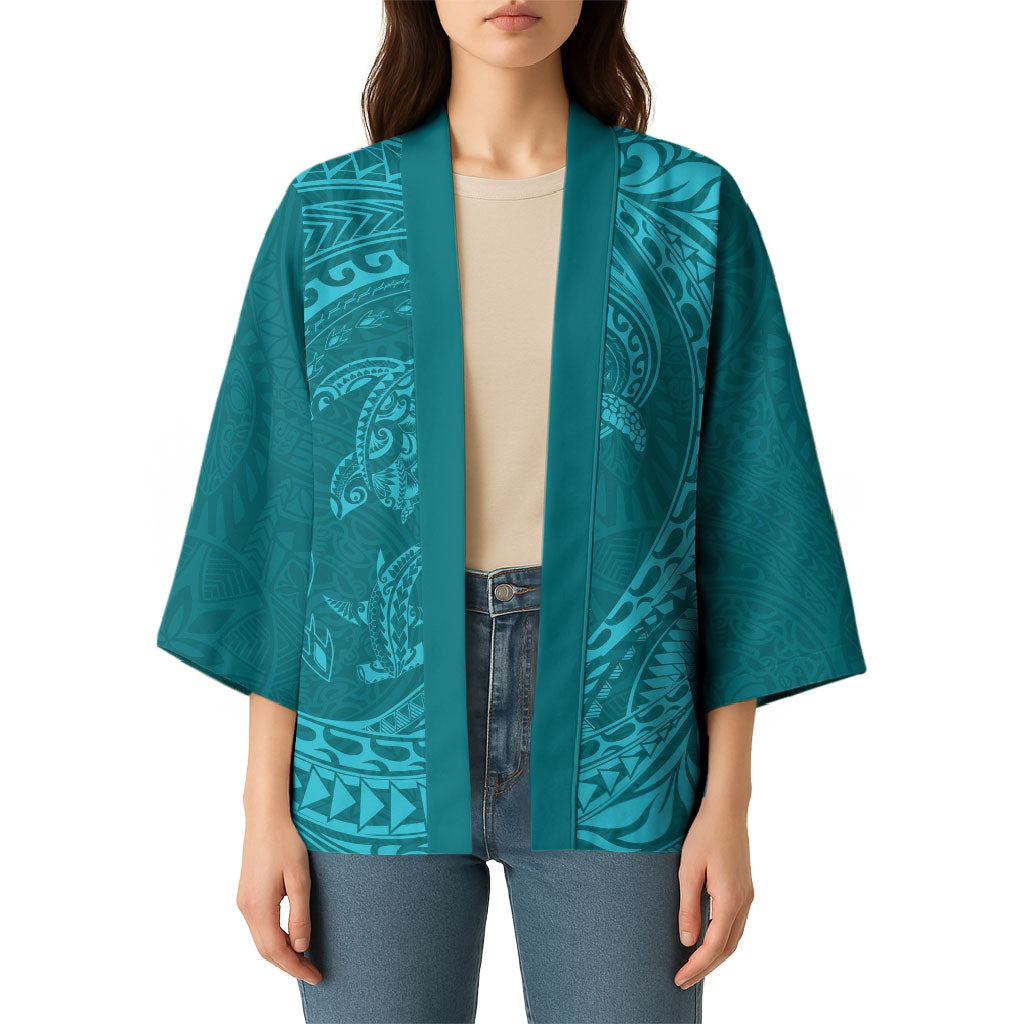 Hawaiian Turtle and Shark Kimono Kakau Tribal with Polynesian Pattern Turquoise Color LT03 - Polynesian Pride