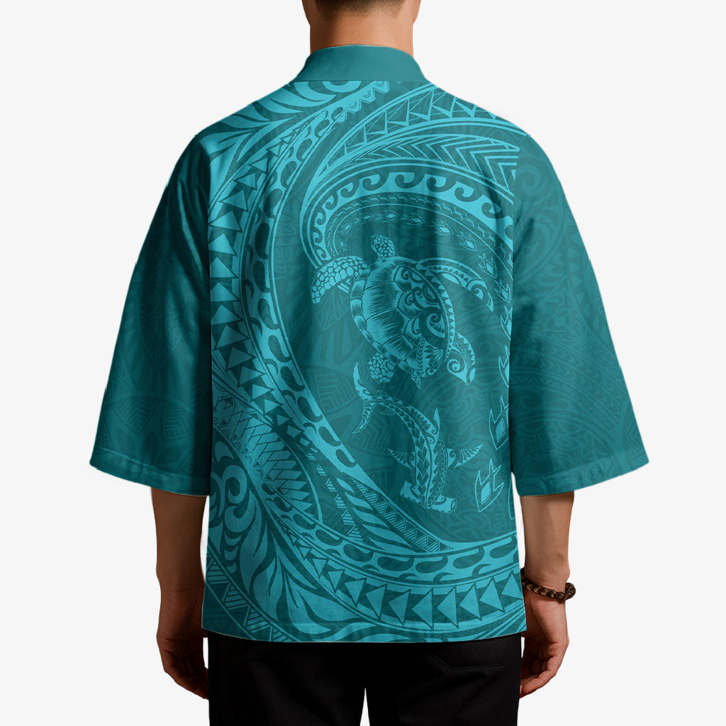 Hawaiian Turtle and Shark Kimono Kakau Tribal with Polynesian Pattern Turquoise Color LT03 - Polynesian Pride
