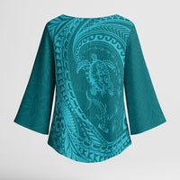 Hawaiian Turtle and Shark Kimono Sleeve Blouse Kakau Tribal with Polynesian Pattern Turquoise Color LT03 - Polynesian Pride