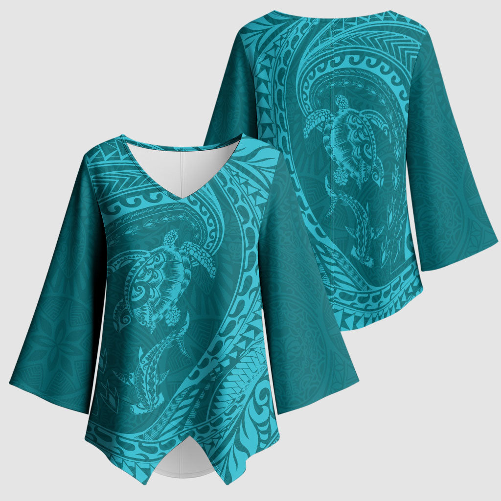Hawaiian Turtle and Shark Kimono Sleeve Blouse Kakau Tribal with Polynesian Pattern Turquoise Color LT03 - Polynesian Pride