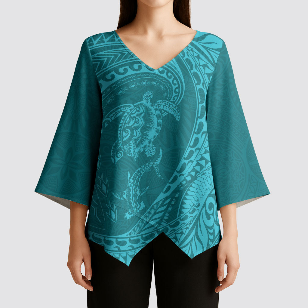 Hawaiian Turtle and Shark Kimono Sleeve Blouse Kakau Tribal with Polynesian Pattern Turquoise Color LT03 - Polynesian Pride