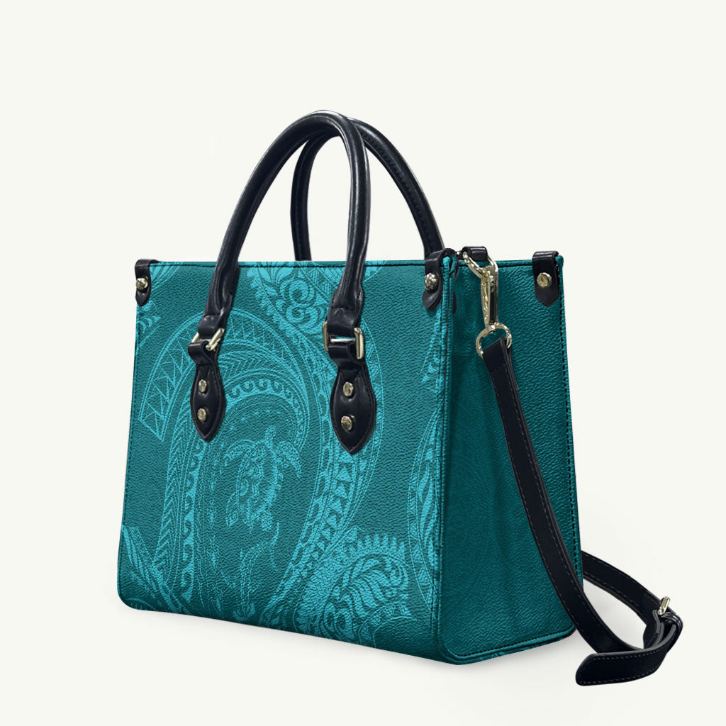 Hawaiian Turtle and Shark Leather Bag Kakau Tribal with Polynesian Pattern Turquoise Color LT03 Turquoise - Polynesian Pride