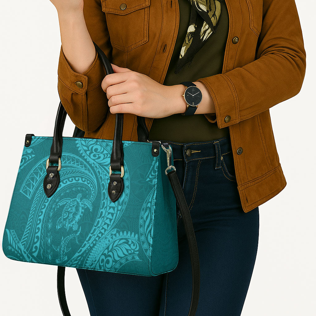 Hawaiian Turtle and Shark Leather Bag Kakau Tribal with Polynesian Pattern Turquoise Color LT03 - Polynesian Pride