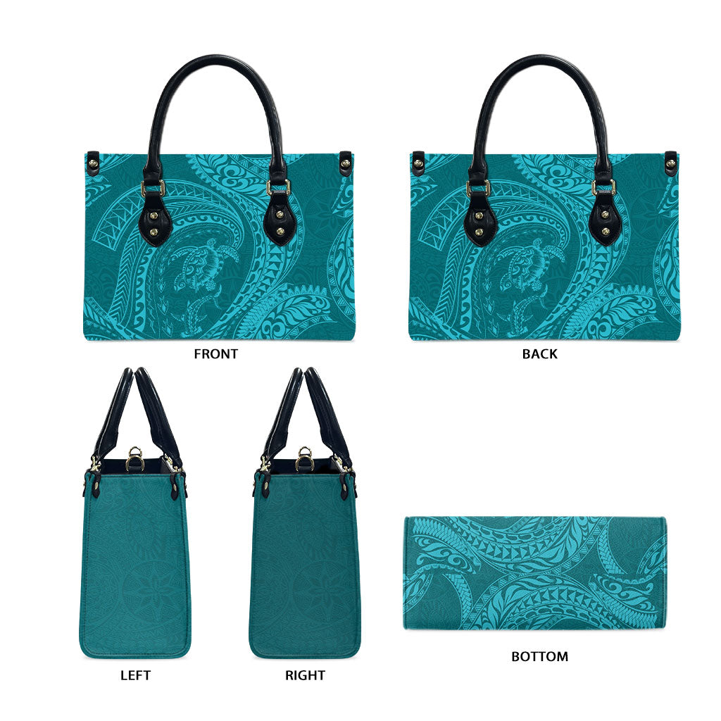 Hawaiian Turtle and Shark Leather Bag Kakau Tribal with Polynesian Pattern Turquoise Color LT03 - Polynesian Pride