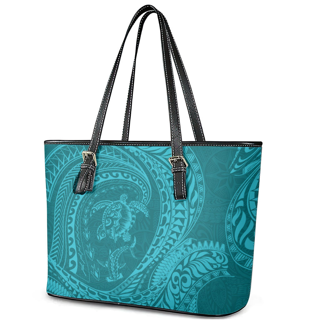 Hawaiian Turtle and Shark Leather Tote Bag Kakau Tribal with Polynesian Pattern Turquoise Color LT03 - Polynesian Pride