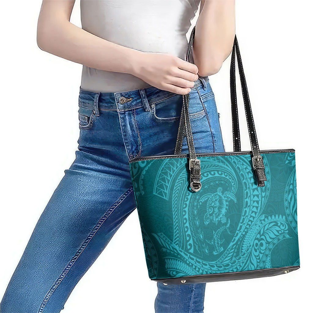 Hawaiian Turtle and Shark Leather Tote Bag Kakau Tribal with Polynesian Pattern Turquoise Color LT03 - Polynesian Pride
