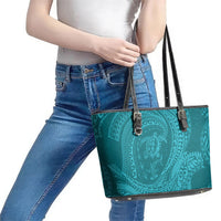 Hawaiian Turtle and Shark Leather Tote Bag Kakau Tribal with Polynesian Pattern Turquoise Color LT03 - Polynesian Pride