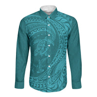 Hawaiian Turtle and Shark Long Sleeve Button Shirt Kakau Tribal with Polynesian Pattern Turquoise Color LT03 Unisex Turquoise - Polynesian Pride