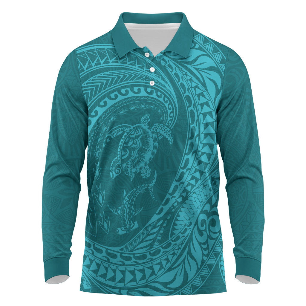 Hawaiian Turtle and Shark Long Sleeve Polo Shirt Kakau Tribal with Polynesian Pattern Turquoise Color LT03 Turquoise - Polynesian Pride