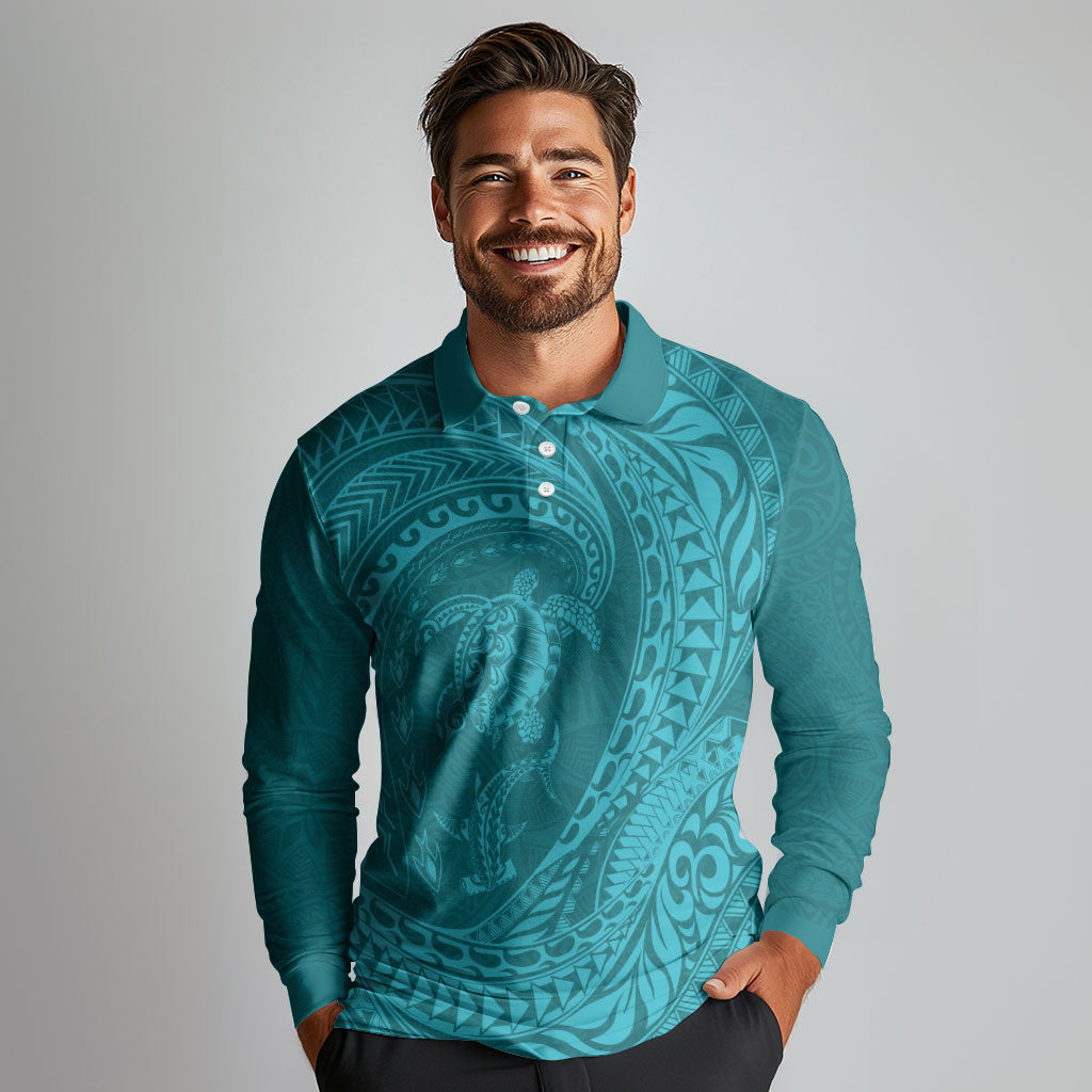 Hawaiian Turtle and Shark Long Sleeve Polo Shirt Kakau Tribal with Polynesian Pattern Turquoise Color LT03 - Polynesian Pride
