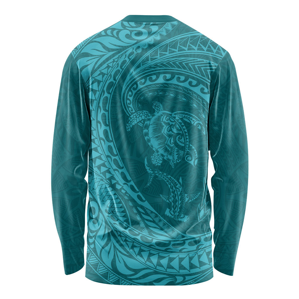 Hawaiian Turtle and Shark Long Sleeve Shirt Kakau Tribal with Polynesian Pattern Turquoise Color LT03 - Polynesian Pride