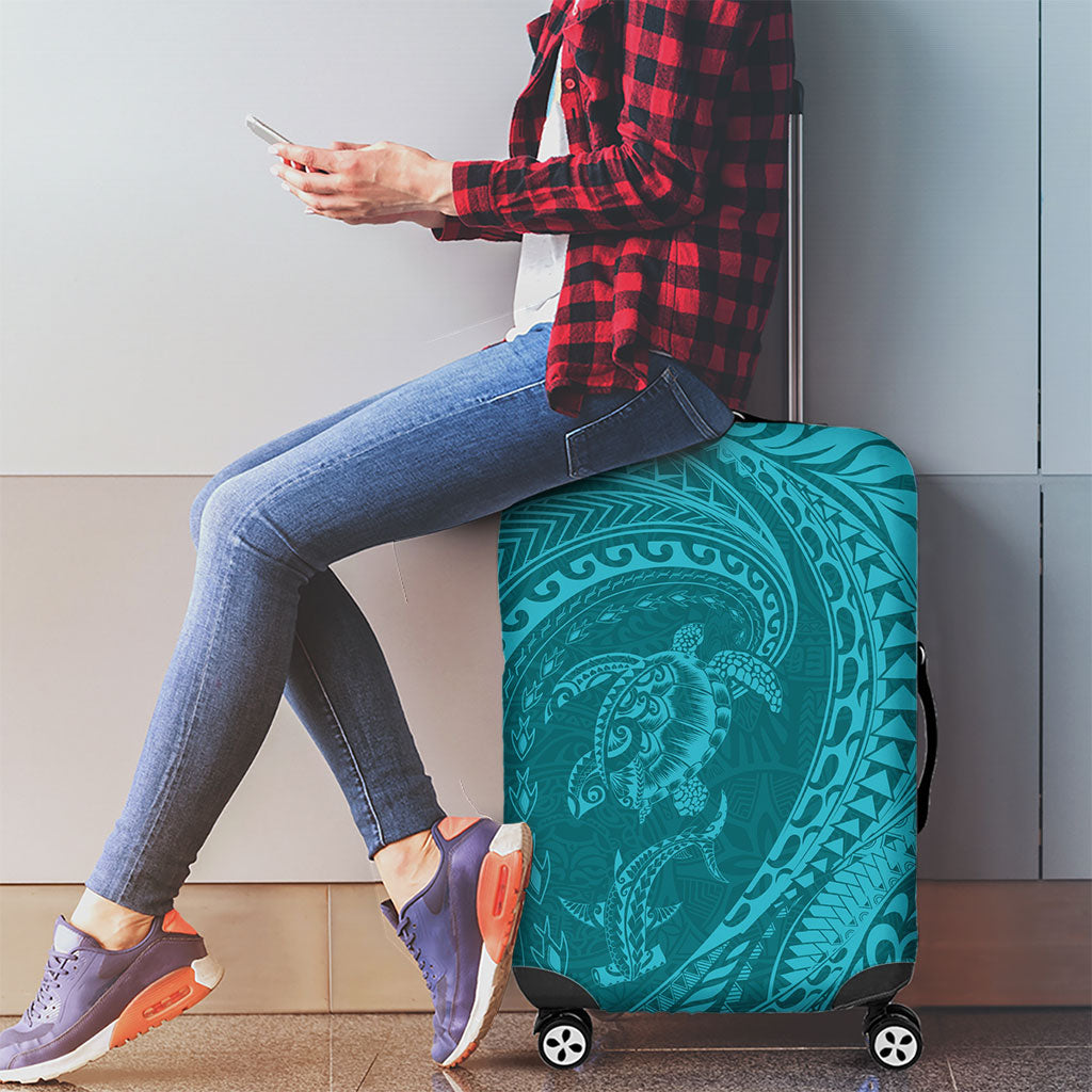 Hawaiian Turtle and Shark Luggage Cover Kakau Tribal with Polynesian Pattern Turquoise Color LT03 - Polynesian Pride
