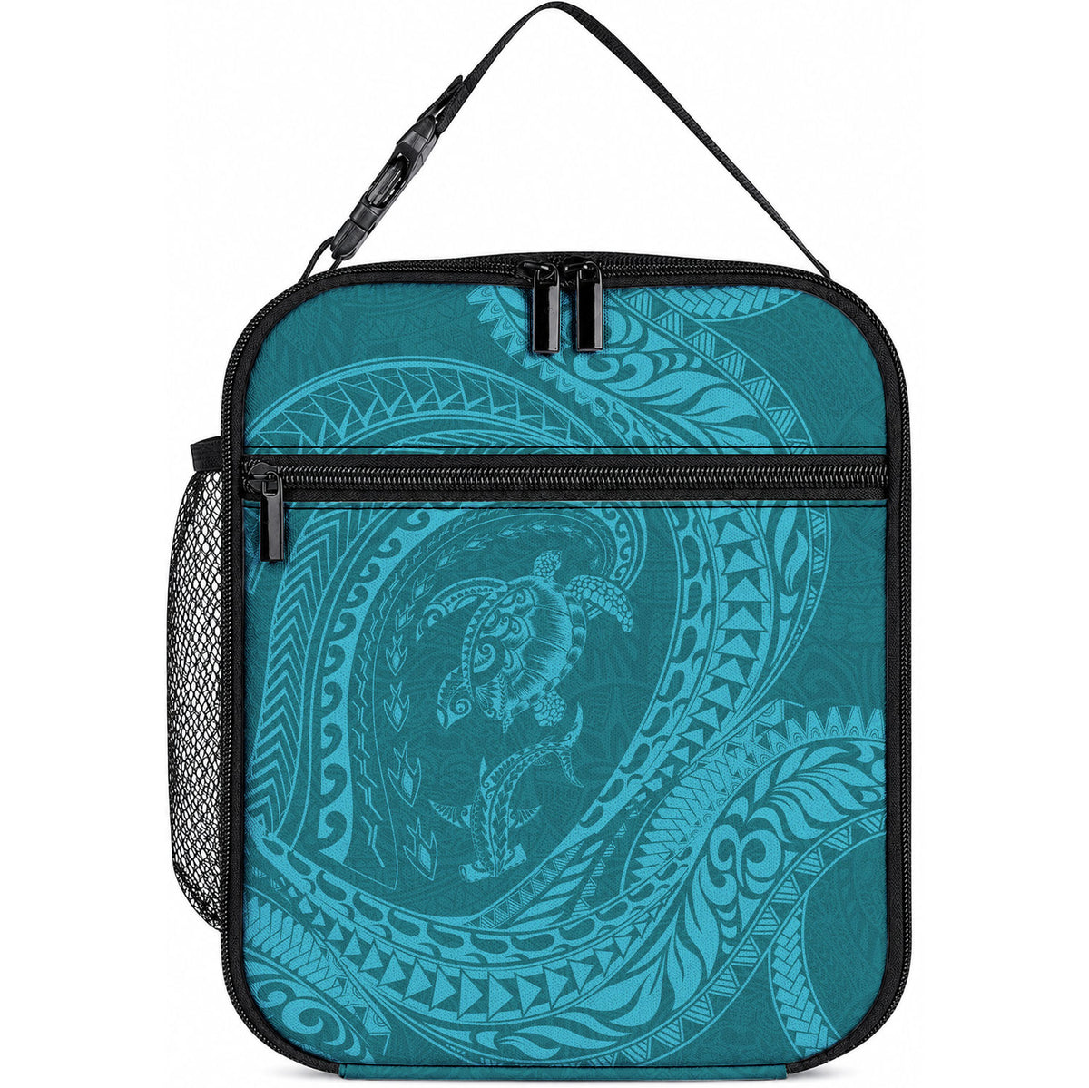 Hawaiian Turtle and Shark Lunch Bag Kakau Tribal with Polynesian Pattern Turquoise Color