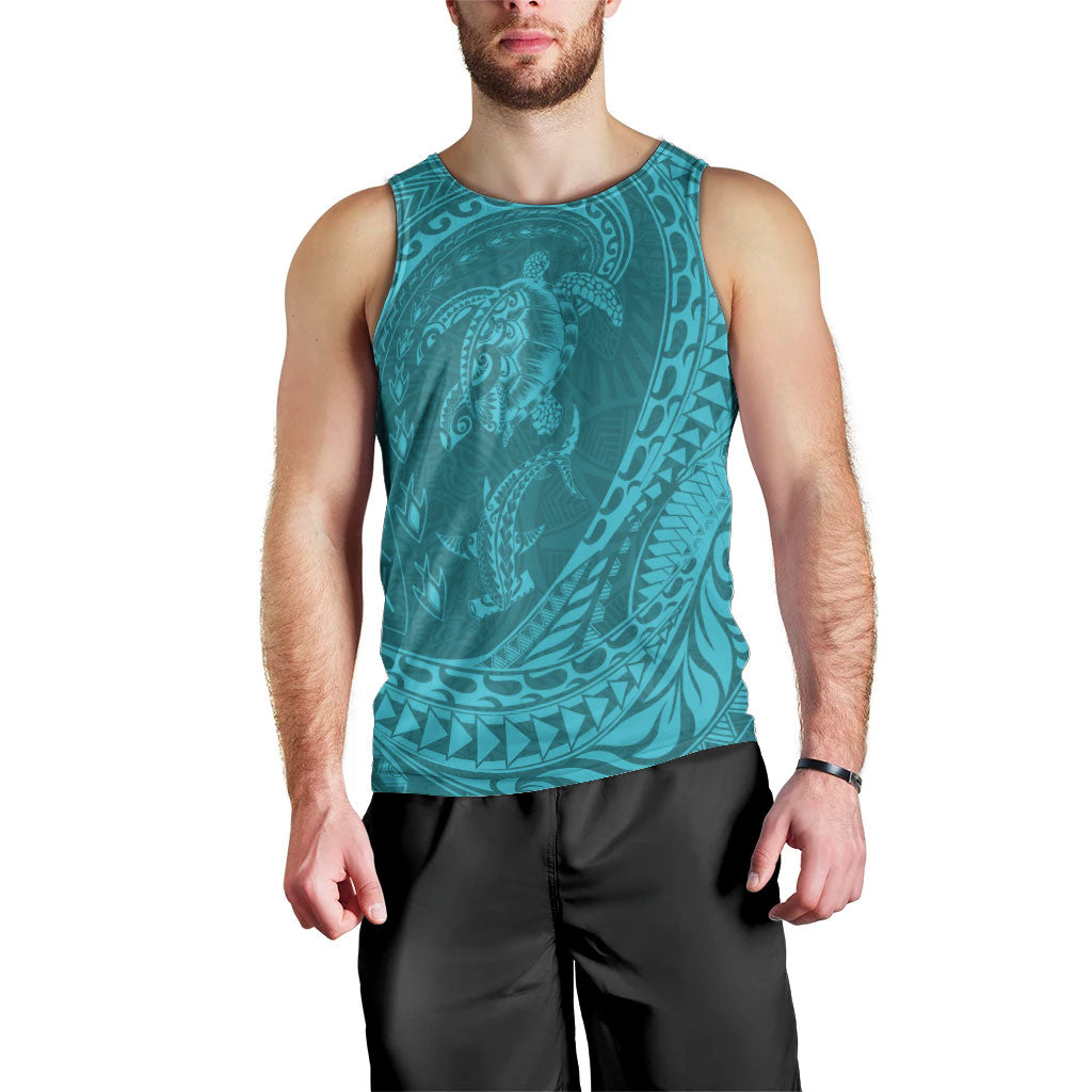 Hawaiian Turtle and Shark Men Tank Top Kakau Tribal with Polynesian Pattern Turquoise Color LT03 - Polynesian Pride