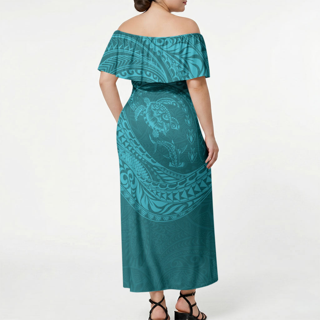 Hawaiian Turtle and Shark Off Shoulder Maxi Dress Kakau Tribal with Polynesian Pattern Turquoise Color LT03 - Polynesian Pride