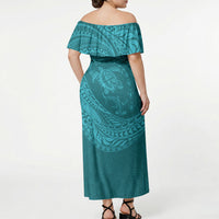 Hawaiian Turtle and Shark Off Shoulder Maxi Dress Kakau Tribal with Polynesian Pattern Turquoise Color LT03 - Polynesian Pride
