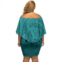 Hawaiian Turtle and Shark Off Shoulder Short Dress Kakau Tribal with Polynesian Pattern Turquoise Color LT03 - Polynesian Pride