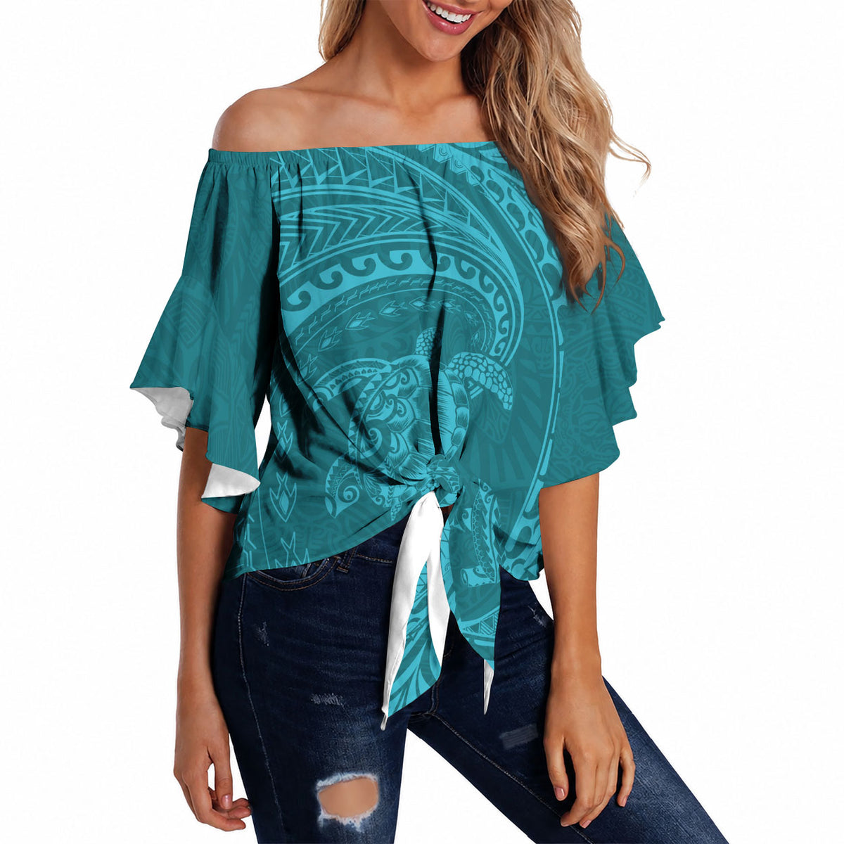 Hawaiian Turtle and Shark Off Shoulder Wrap Waist Top Kakau Tribal with Polynesian Pattern Turquoise Color LT03 Turquoise - Polynesian Pride