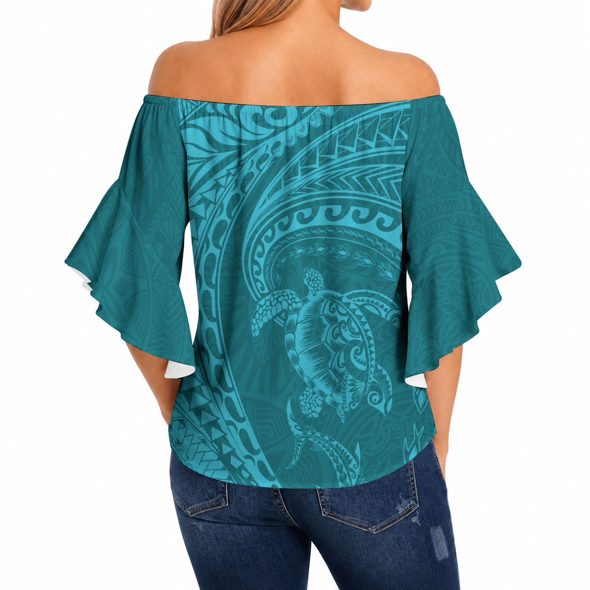 Hawaiian Turtle and Shark Off Shoulder Wrap Waist Top Kakau Tribal with Polynesian Pattern Turquoise Color LT03 - Polynesian Pride