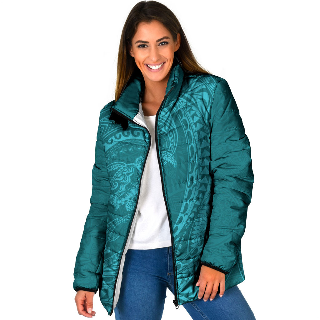 Hawaiian Turtle and Shark Padded Jacket Kakau Tribal with Polynesian Pattern Turquoise Color LT03 Women Turquoise - Polynesian Pride