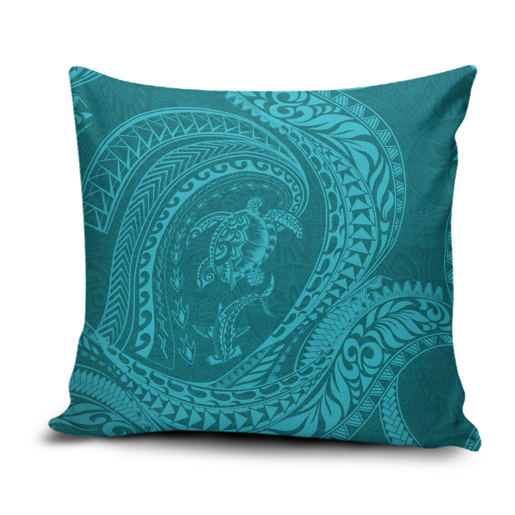 Hawaiian Turtle and Shark Pillow Cover Kakau Tribal with Polynesian Pattern Turquoise Color LT03 Turquoise - Polynesian Pride