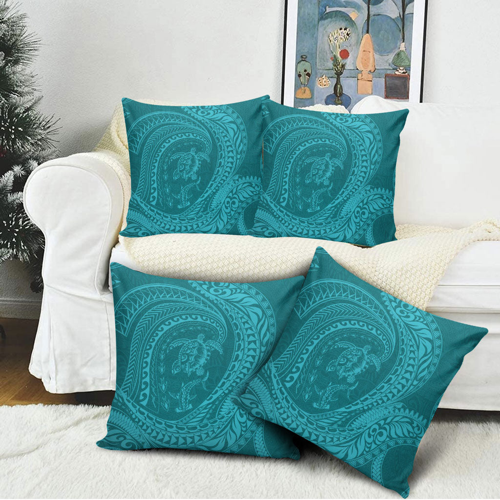 Hawaiian Turtle and Shark Pillow Cover Kakau Tribal with Polynesian Pattern Turquoise Color LT03 - Polynesian Pride