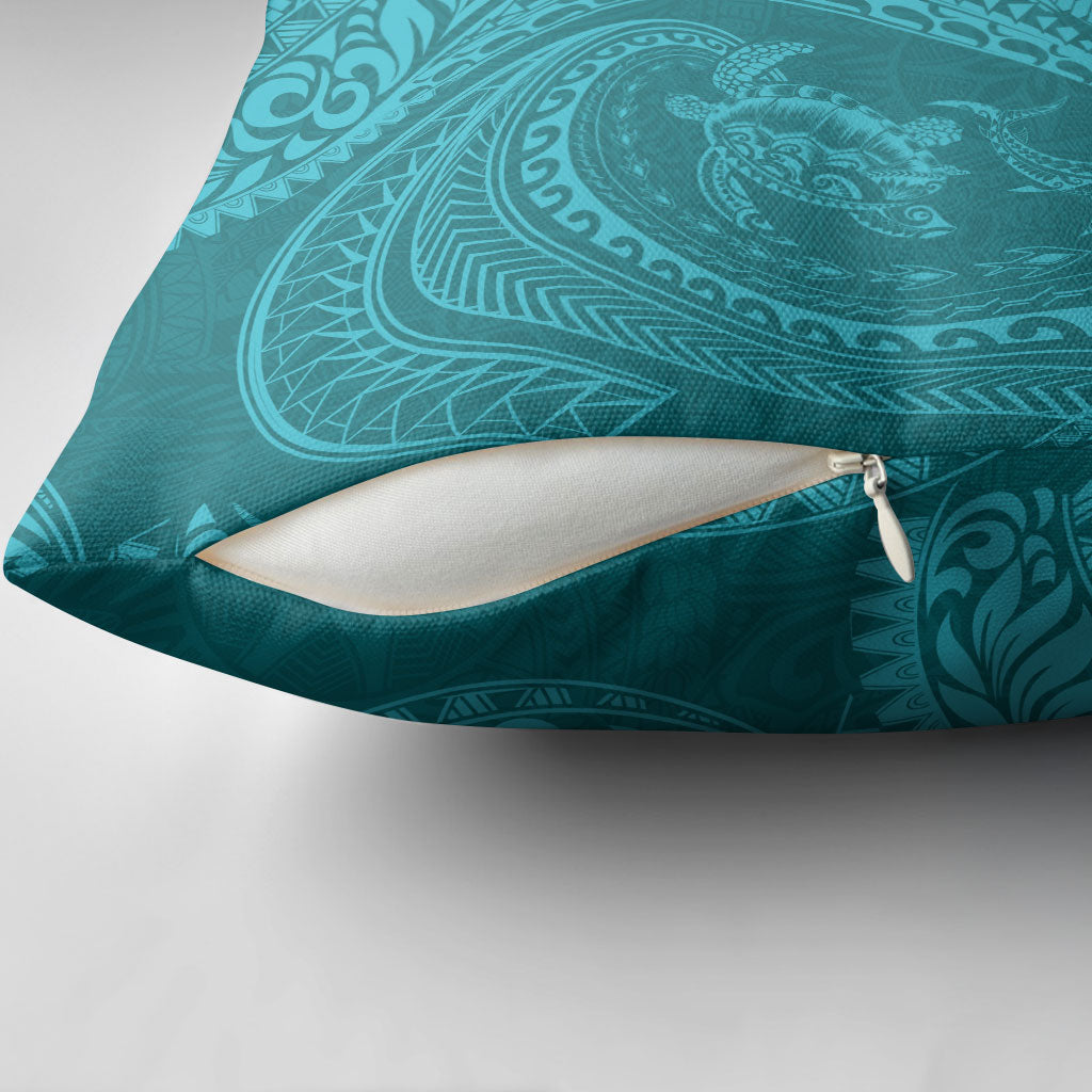 Hawaiian Turtle and Shark Pillow Cover Kakau Tribal with Polynesian Pattern Turquoise Color LT03 - Polynesian Pride