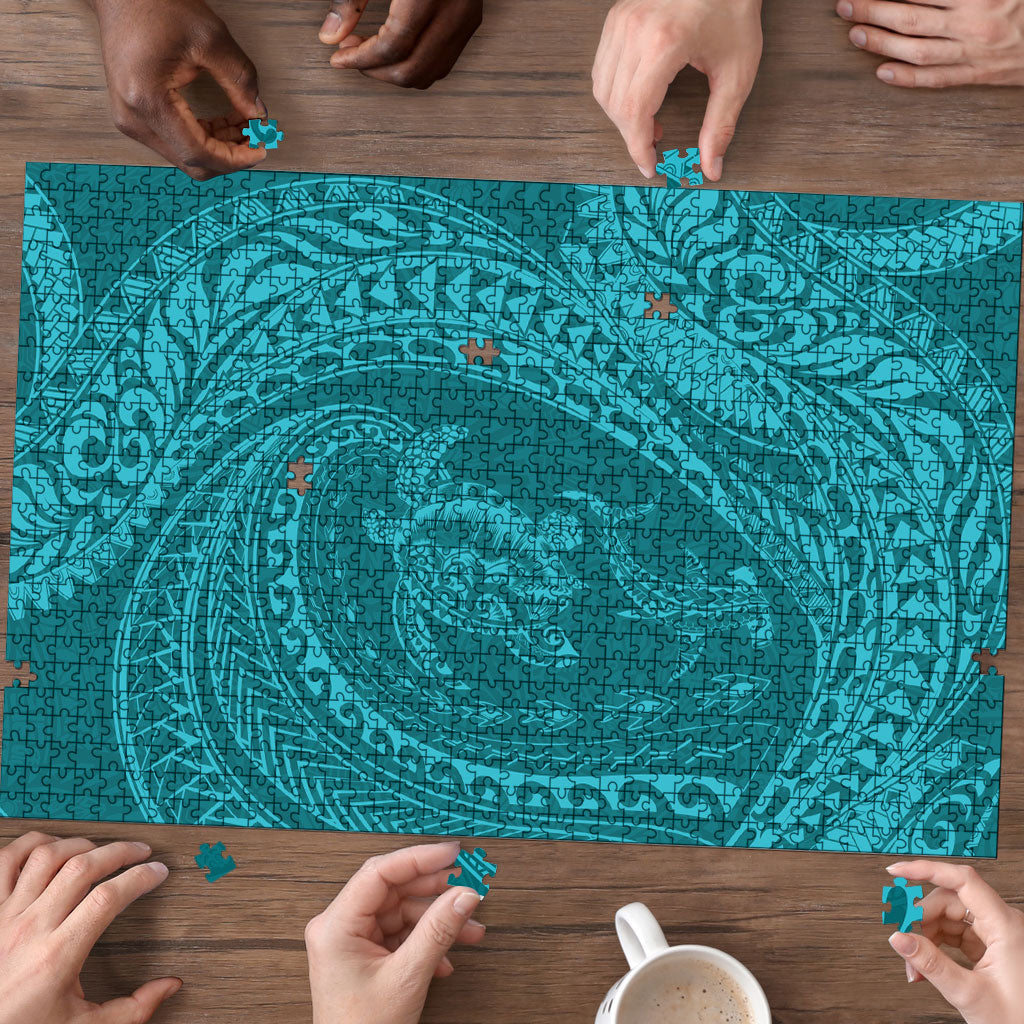 Hawaiian Turtle and Shark Puzzle Kakau Tribal with Polynesian Pattern Turquoise Color LT03 - Polynesian Pride