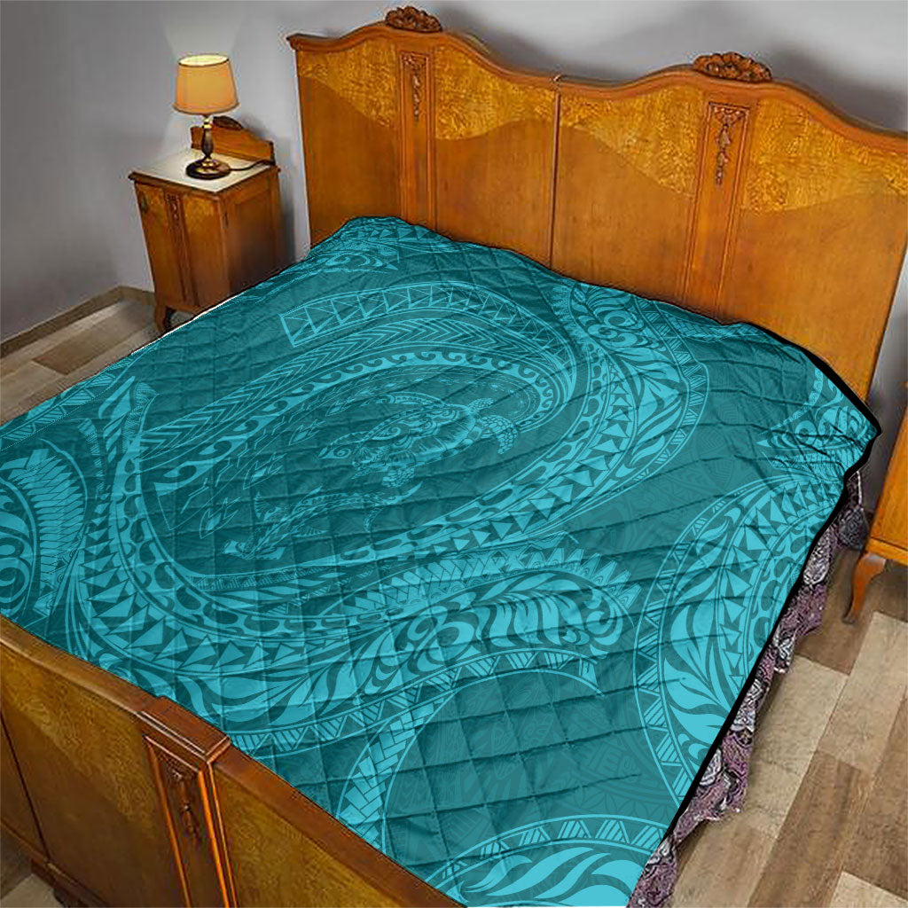 Hawaiian Turtle and Shark Quilt Kakau Tribal with Polynesian Pattern Turquoise Color LT03 - Polynesian Pride
