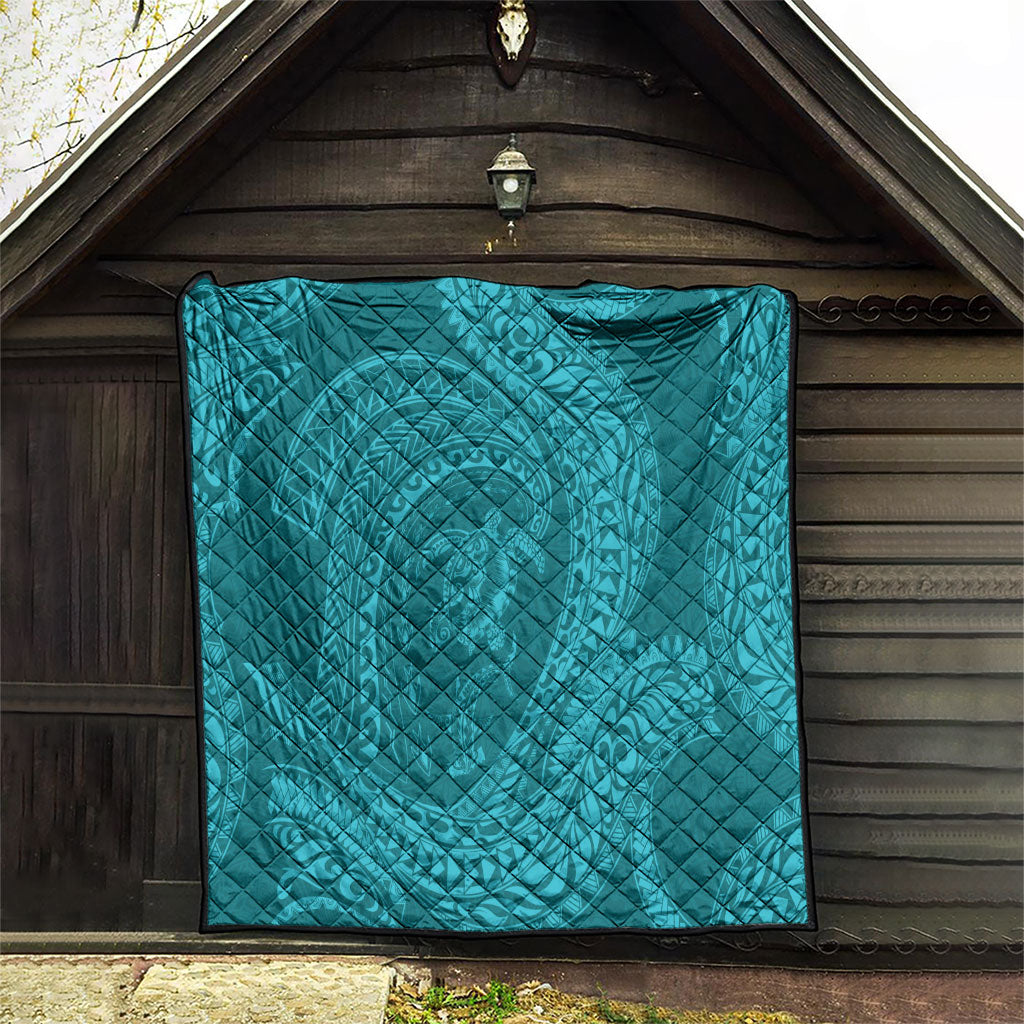Hawaiian Turtle and Shark Quilt Kakau Tribal with Polynesian Pattern Turquoise Color LT03 - Polynesian Pride