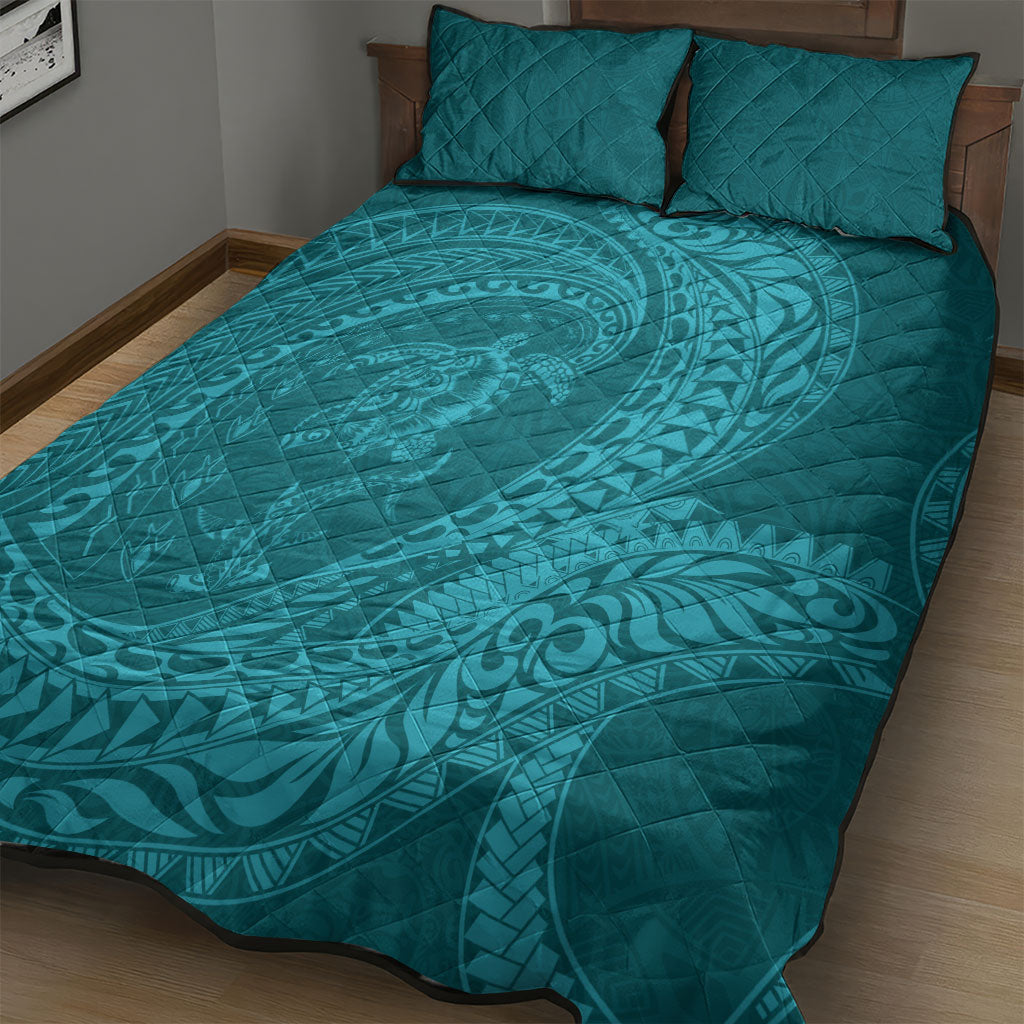 Hawaiian Turtle and Shark Quilt Bed Set Kakau Tribal with Polynesian Pattern Turquoise Color LT03 - Polynesian Pride
